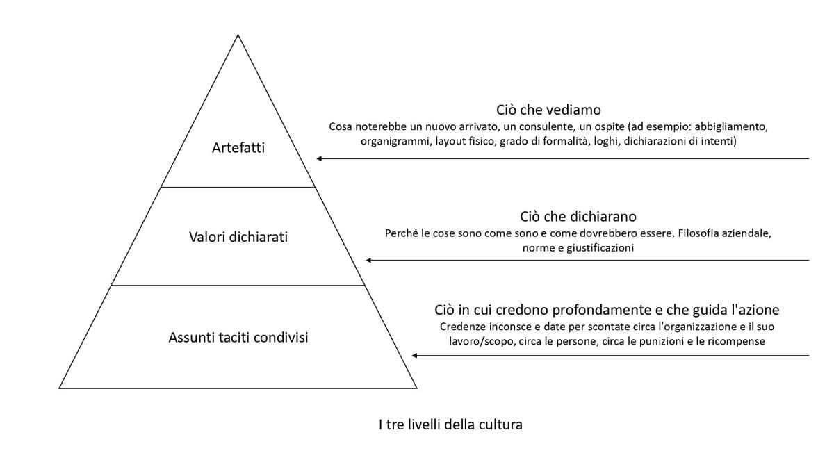 Schema dei tre livelli della cultura: artefatti, valori dichiarati, assunti taciti condivisi