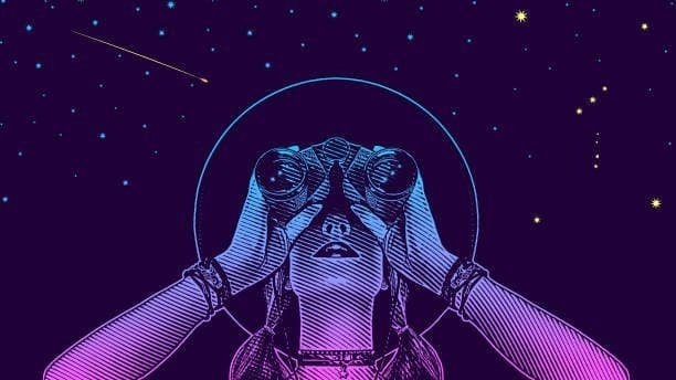 Ilustrație cu o persoană care privește cerul înstelat printr-un binoclu