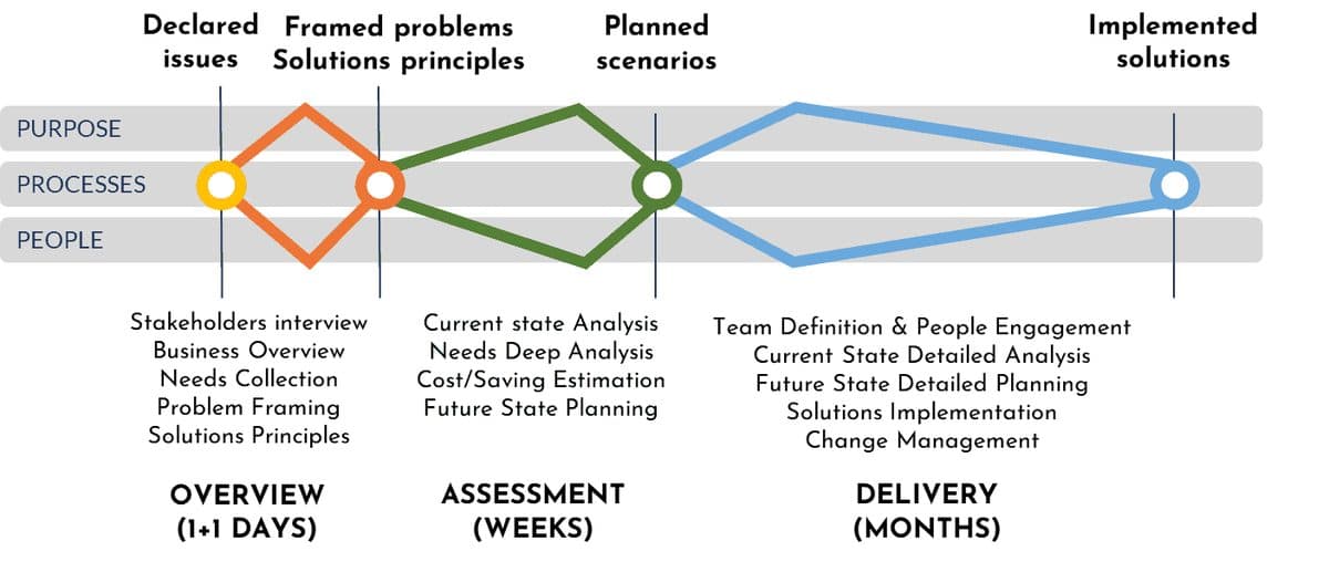 Procesul Inproov: Overview (1+1 zile), Assessment (săptămâni) și Delivery (luni) pe Purpose, Processes și People
