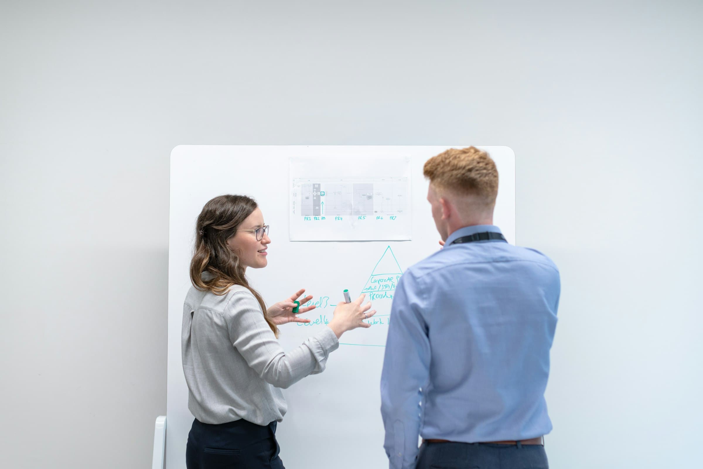 Two colleagues discussing ideas in front of a whiteboard