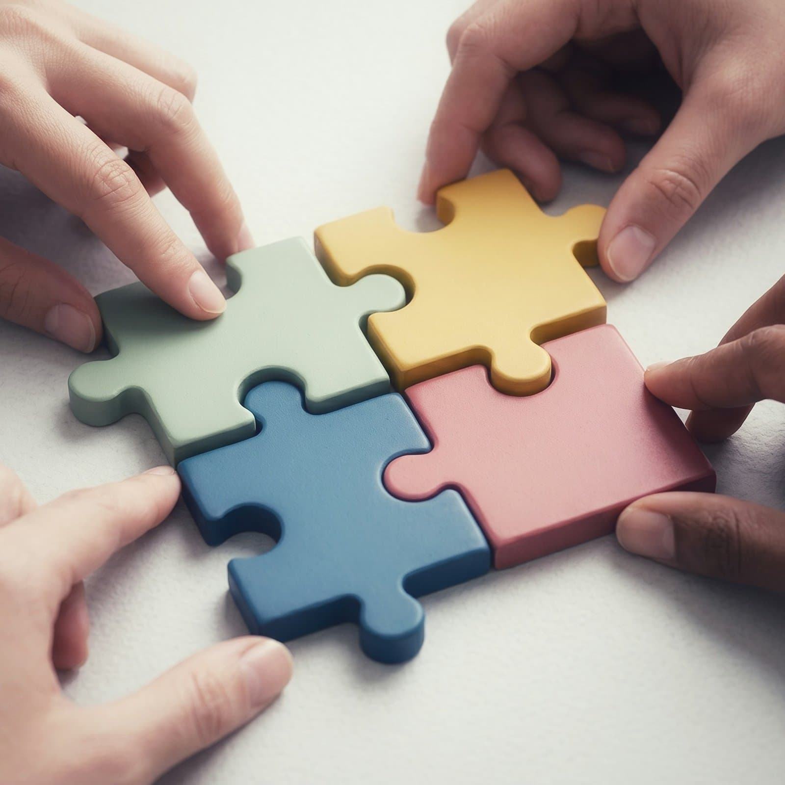 Four hands fitting together four jigsaw pieces of different colours